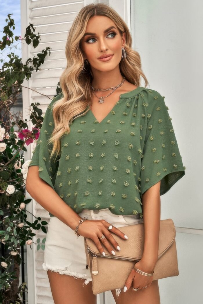 Solid swiss dot v neck puff sleeve blouse - image 1