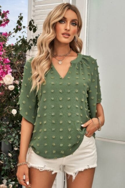 Solid Swiss Dot V Neck Puff Sleeve Blouse