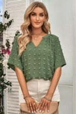 Solid Swiss Dot V Neck Puff Sleeve Blouse