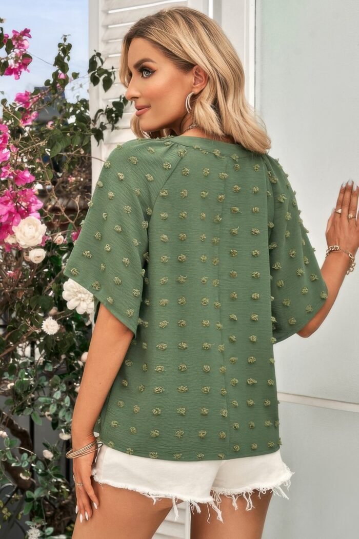 Solid swiss dot v neck puff sleeve blouse - image 4