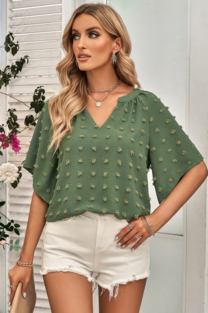Solid swiss dot v neck puff sleeve blouse - image 5