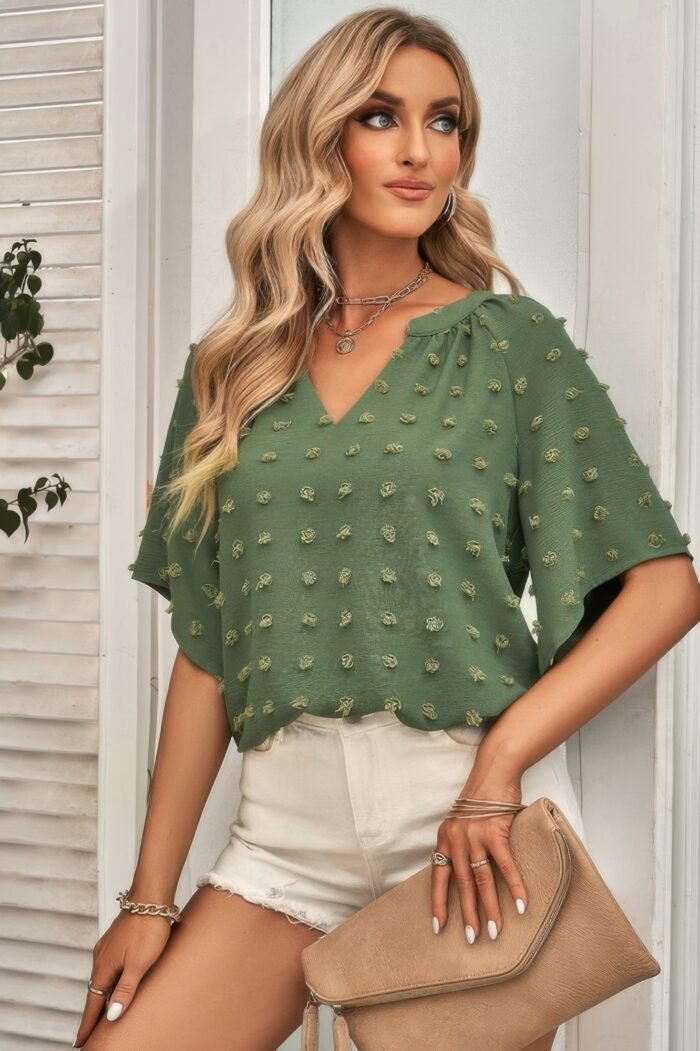 Solid swiss dot v neck puff sleeve blouse - image 6