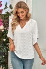 Solid Swiss Dot V Neck Puff Sleeve Blouse