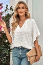 Solid Swiss Dot V Neck Puff Sleeve Blouse