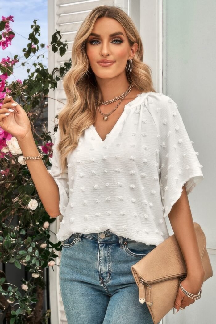 Solid swiss dot v neck puff sleeve blouse - image 8