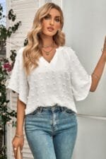 Solid Swiss Dot V Neck Puff Sleeve Blouse