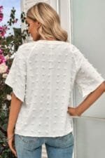 Solid Swiss Dot V Neck Puff Sleeve Blouse