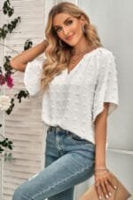 Solid Swiss Dot V Neck Puff Sleeve Blouse