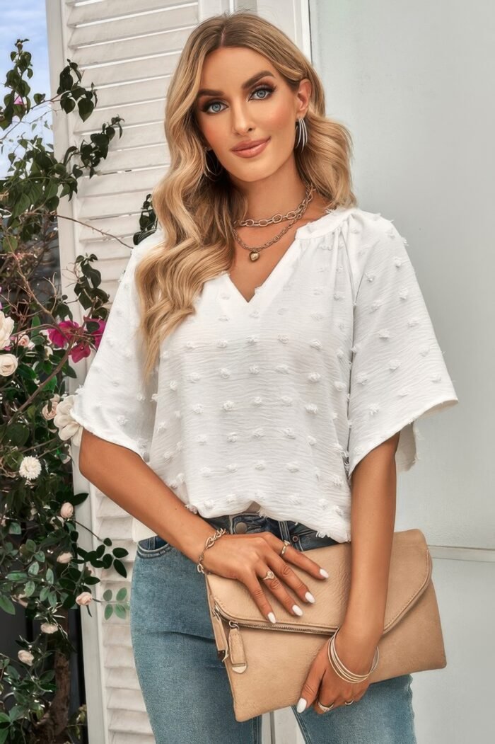 Solid swiss dot v neck puff sleeve blouse - image 12