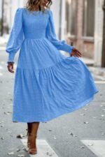 Solid Round Neck Puff Long Sleeve Midi Dress