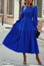 Solid Round Neck Puff Long Sleeve Midi Dress - Image 2