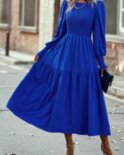 solid round neck puff long sleeve midi dress