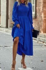 Solid Round Neck Puff Long Sleeve Midi Dress - Image 3