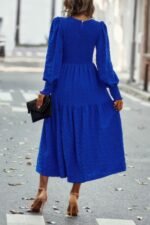 Solid Round Neck Puff Long Sleeve Midi Dress - Image 4