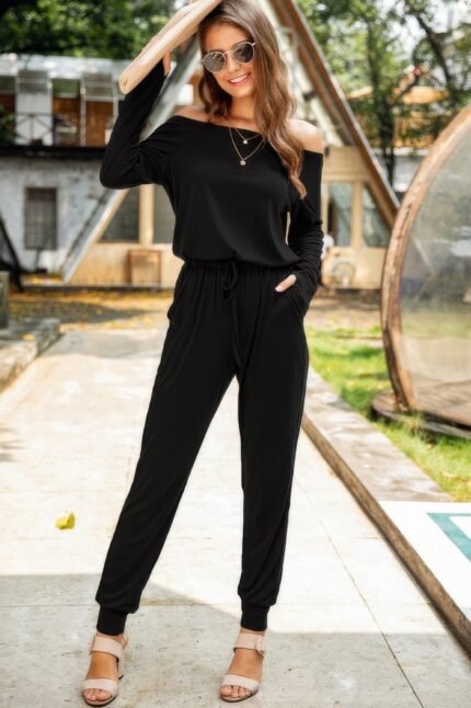 Solid Off Shoulder Long Sleeve Fit Jumpsuit