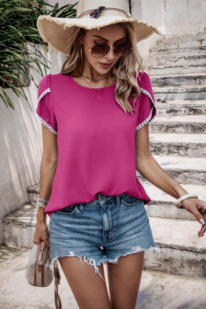 Color block trim flutter sleeve round neck top - image 3