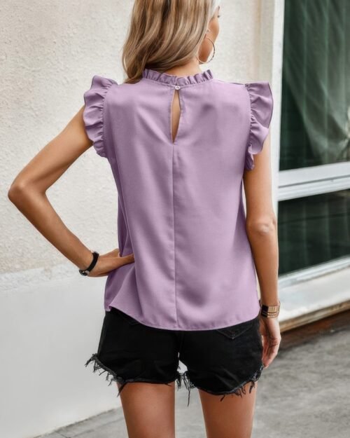 striped solid cap sleeve ruffle neck tunic shirts