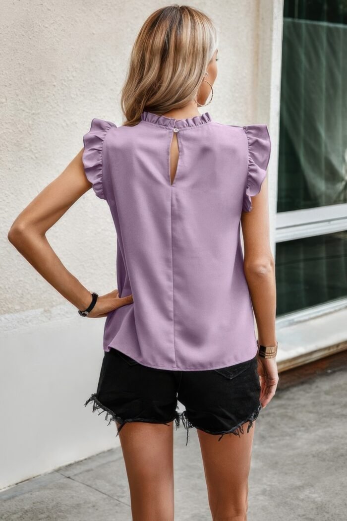 Striped solid cap sleeve ruffle neck tunic shirts
