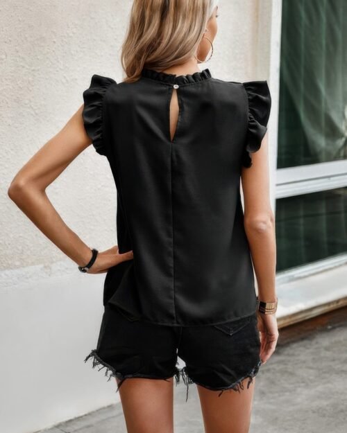 striped solid cap sleeve ruffle neck tunic shirts