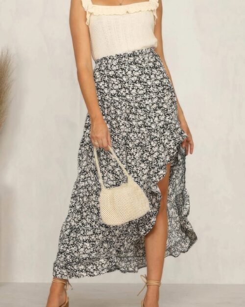 boho floral print midi skirt casual side slit skirt