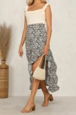 Boho Floral Print Midi Skirt Casual Side Slit Skirt - Image 3