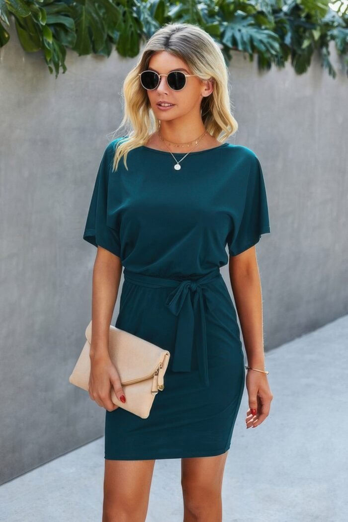 Boat neck one-shoulder short sleeves tie dress