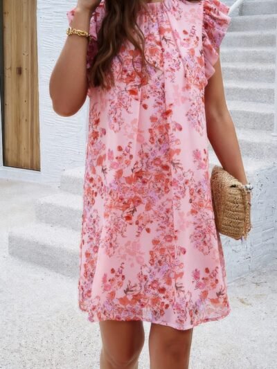 Floral Print Elegant Sleeveless Ruffle A Line Dress