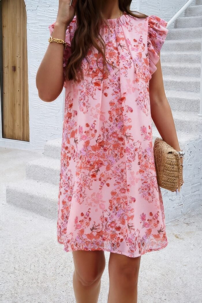 Floral print elegant sleeveless ruffle a line dress
