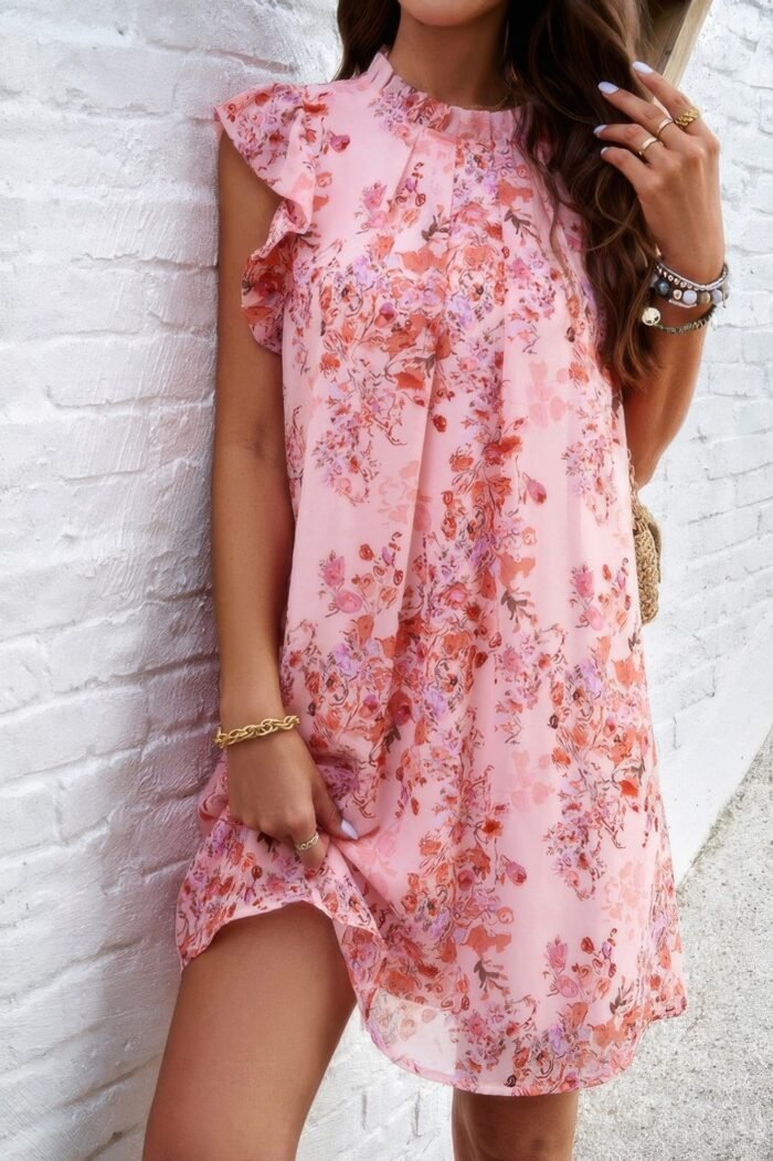 Floral print elegant sleeveless ruffle a line dress