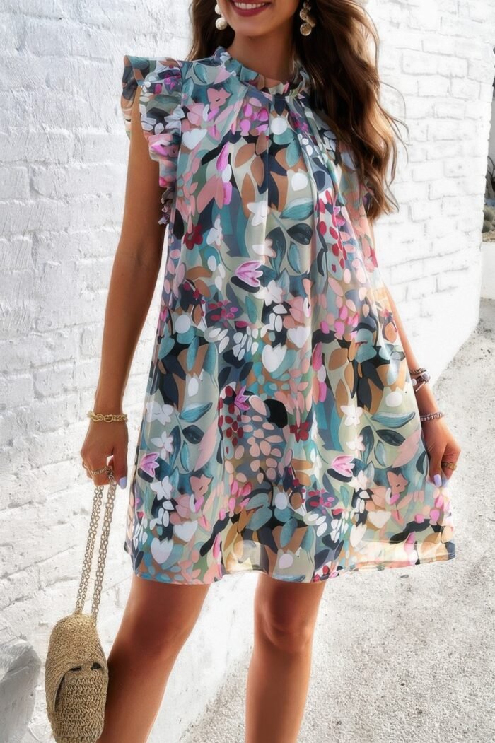 Floral print elegant sleeveless ruffle a line dress