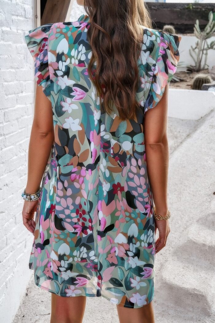 Floral print elegant sleeveless ruffle a line dress