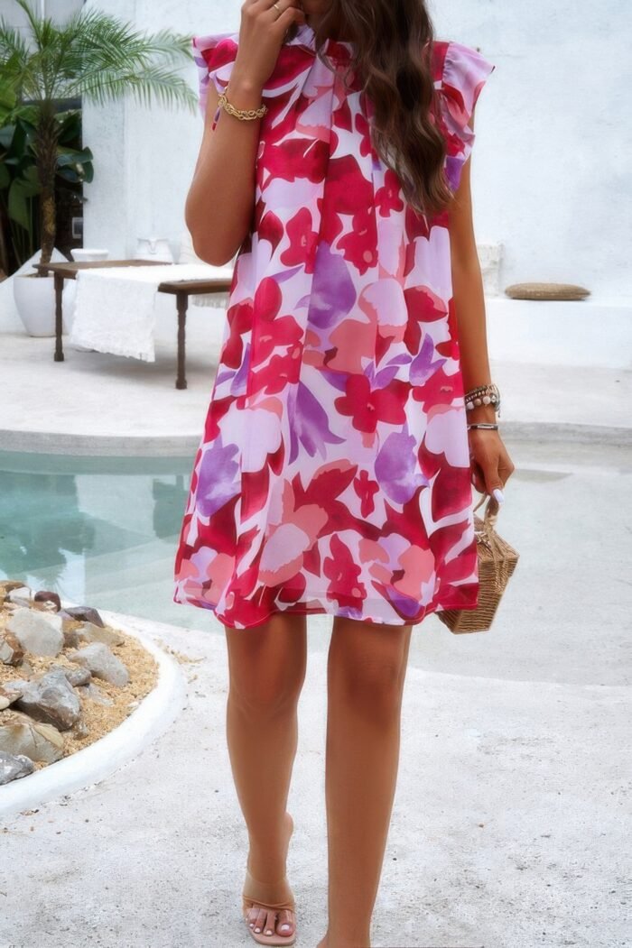 Floral print elegant sleeveless ruffle a line dress