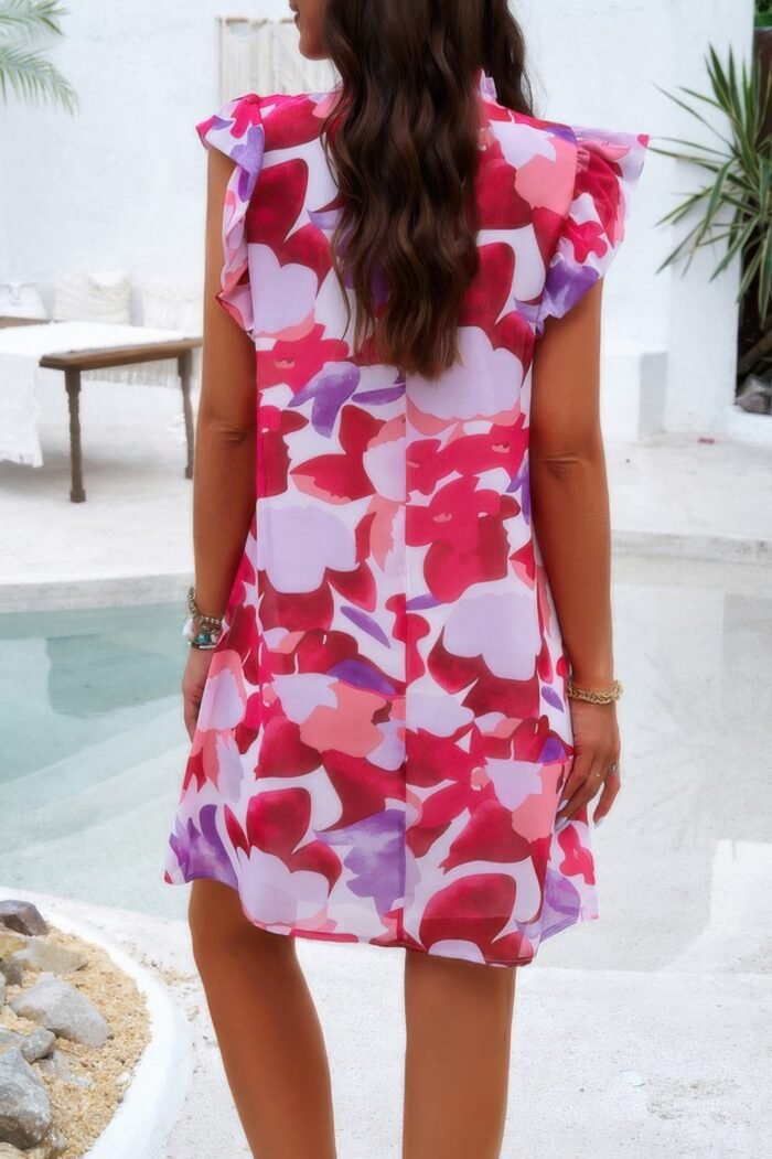 Floral print elegant sleeveless ruffle a line dress