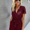 Stretch Belted Plunge Neck Wrap Knot Side Romper