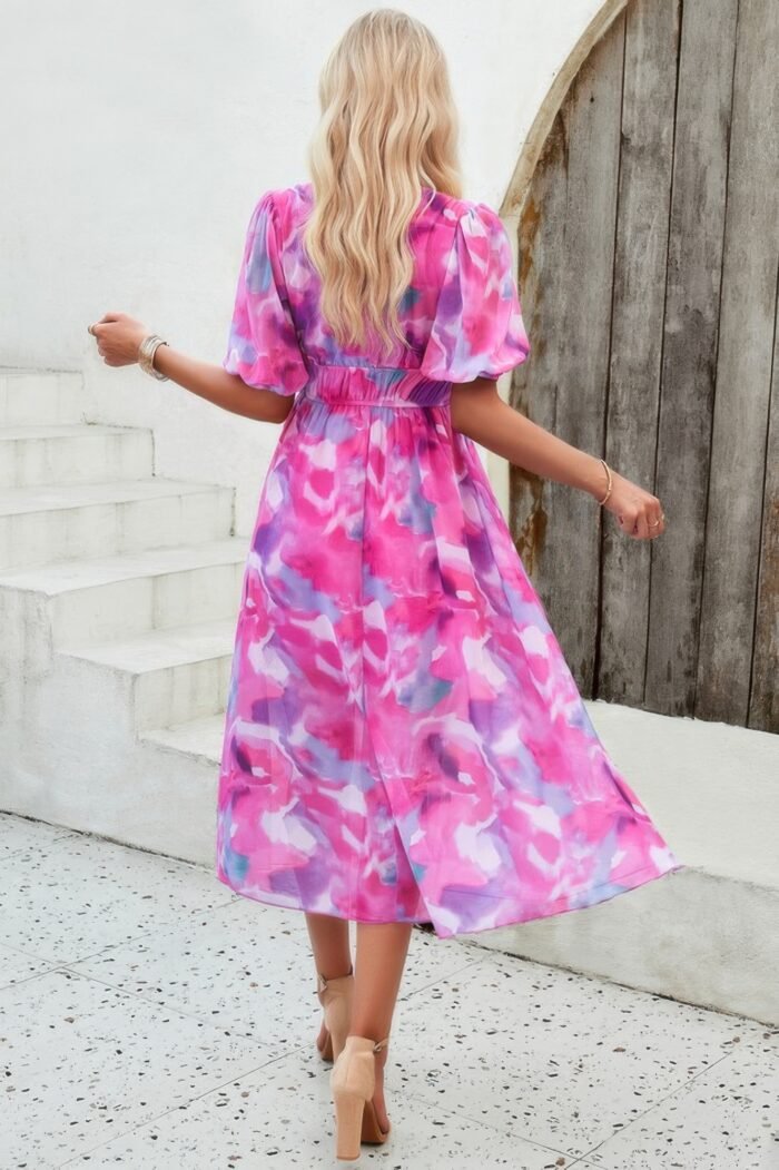 Floral v neck puffed sleeve high waist dress