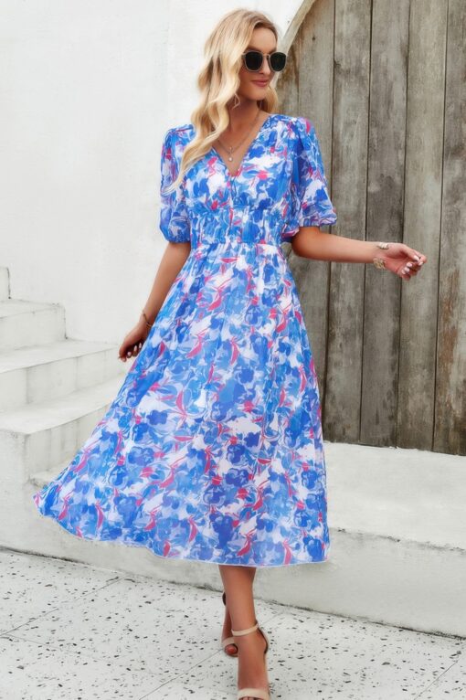 Floral V Neck Puffed Sleeve High Waist Dress - Image 5