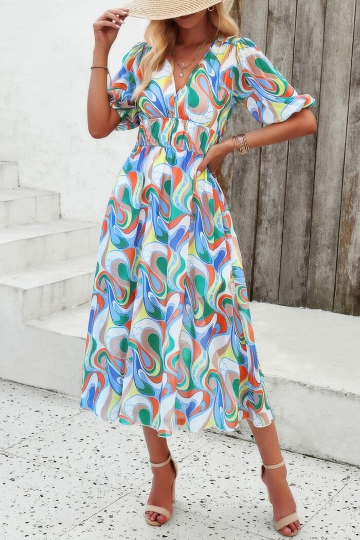 Floral v neck puffed sleeve high waist dress