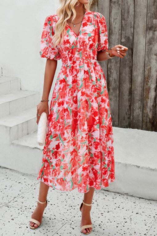 Floral V Neck Puffed Sleeve High Waist Dress - Image 12