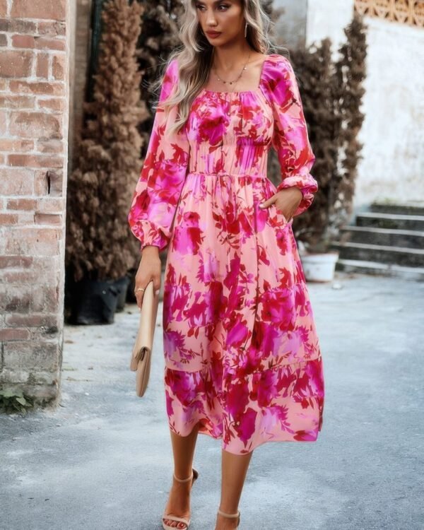 Floral High Elastic Waist Square Neck Pocket Dress