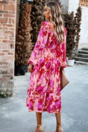Floral High Elastic Waist Square Neck Pocket Dress
