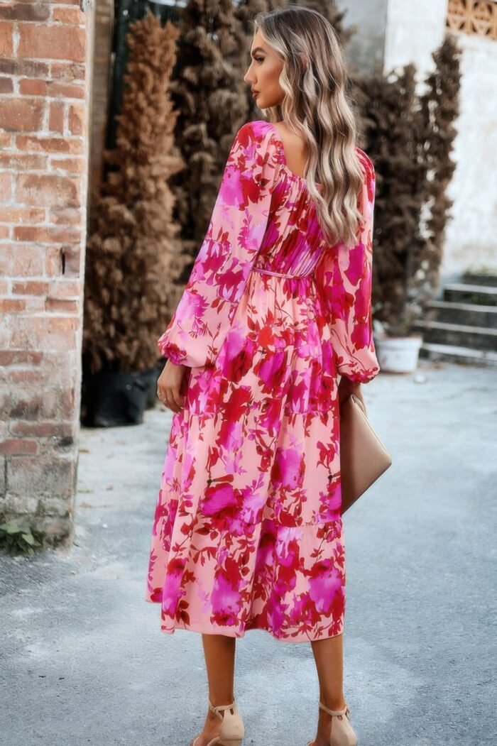 Floral high elastic waist square neck pocket dress - image 2