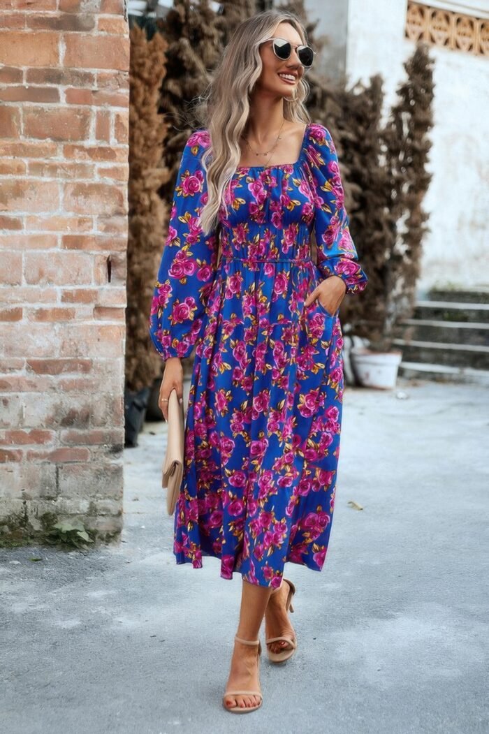 Floral high elastic waist square neck pocket dress - image 3