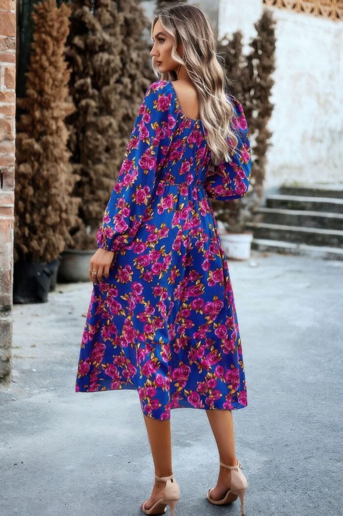 Floral high elastic waist square neck pocket dress - image 4