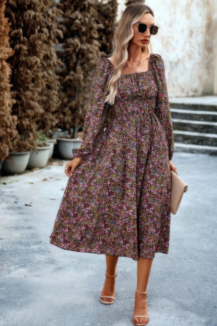 Floral high elastic waist square neck pocket dress - image 6
