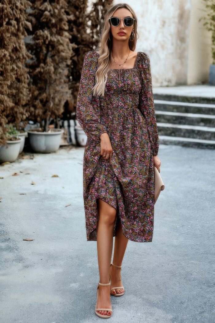 Floral high elastic waist square neck pocket dress - image 7