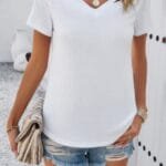 Solid V Neck Cut Out Short Sleeve Loose Shirt