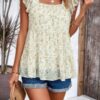 Floral Print Square Neck Ruffle Sleeve Tiered Blouse