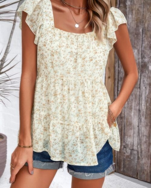 floral print square neck ruffle sleeve tiered blouse