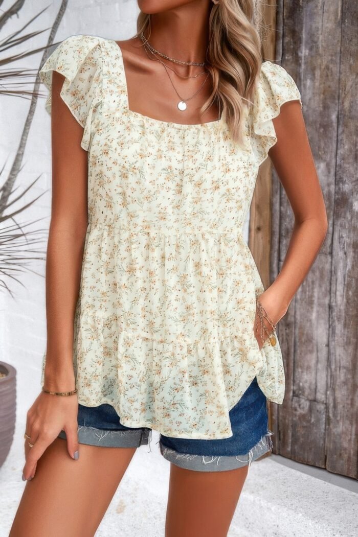 Floral print square neck ruffle sleeve tiered blouse