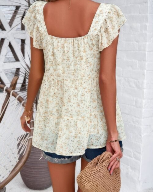 floral print square neck ruffle sleeve tiered blouse